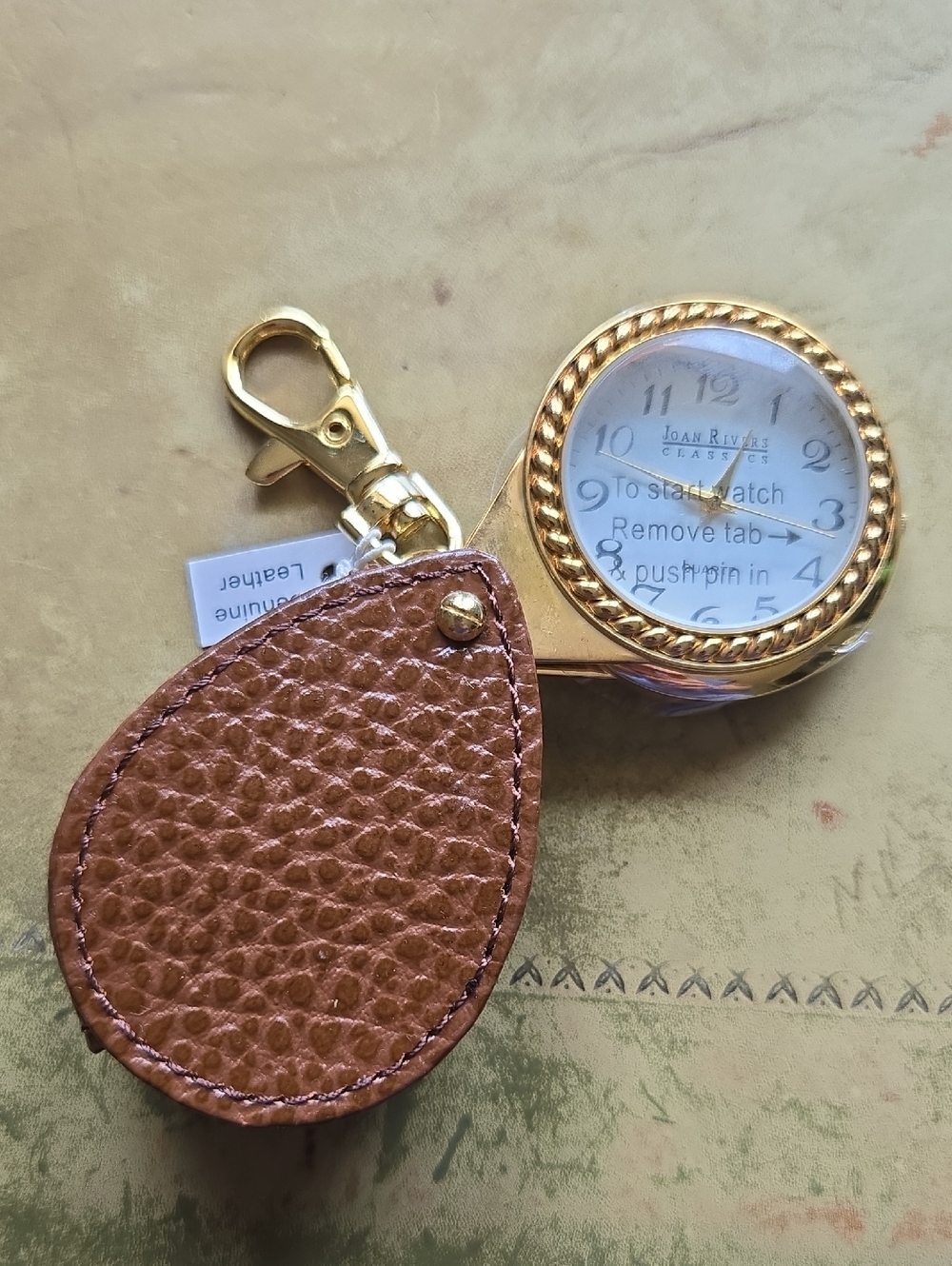 Classic Joan Rivers Gold Clip-On Watch with Brown Pebbled Leather Fob